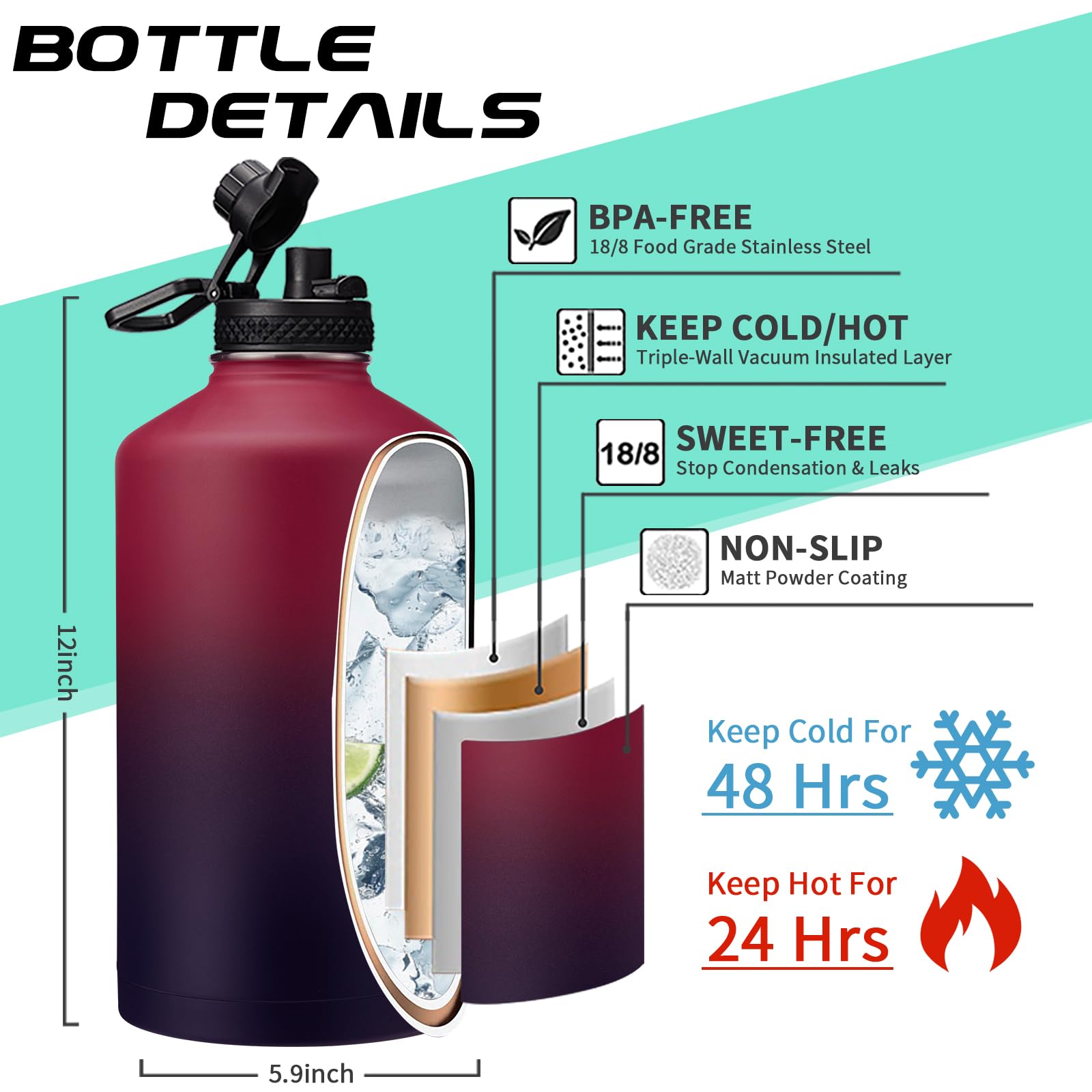 1 Gallon Insulated Water Jug - with Paracord Handle  Straw & Chug Lid  Water Bottles Holder with Strap  128oz Stainless Steel Large Water Bottle  Keep Hot 12H & Cold 48 for Travel Hiking Camping Work